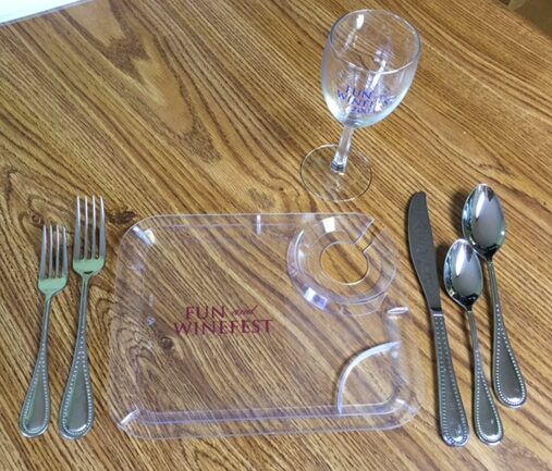 disposable dinnerware (fork, knife, spoon, wine glass and plate)